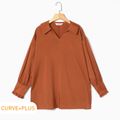 Women Plus Size Casual V Neck Lapel Collar Long-sleeve Blouse Coffee