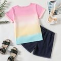 2-piece Kid Girl Letter Print Gradient Color Short-sleeve Tee and Ripped Denim Shorts Set Multi-color