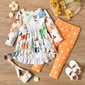 2-piece Toddler Girl Floral Print High Low Ruffled Hem Long-sleeve Top and Polka dots Pants Set orangewhite