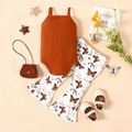 2pcs Baby Girl Ribbed Spaghetti Strap Romper and Allover Print Flared Pants Set Brown