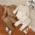 2pcs Baby Boy/Girl Solid Textured Long-sleeve Romper and Trousers Set Khaki