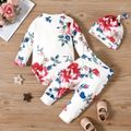 3pcs Baby Girl All Over Floral Print White Long-sleeve Romper and Trousers Set White