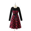 Family Matching Contrast Plaid Long-sleeve Dresses and T-shirts Sets redblack