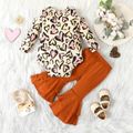 2pcs Baby Girl Leopard Cold Shoulder Long-sleeve Romper and Solid Ribbed Layered Ruffle Bell Bottom Pants Set Color block