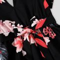 Family Matching Floral Print Black Short-sleeve Belted Dresses and Raglan-sleeve T-shirts Sets Black