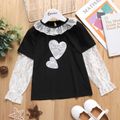 Kid Girl Faux-two Lace Design Heart Pattern Long-sleeve Blouse Black