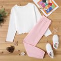 2-piece Kid Girl Butterfly Print Tie Knot Long-sleeve White Top and Elasticized Pink Pants Set White