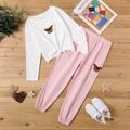 2-piece Kid Girl Butterfly Print Tie Knot Long-sleeve White Top and Elasticized Pink Pants Set White