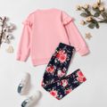 2-piece Kid Girl Floral Letter Print Ruffled Sweatshirt and Leggings Set Pink