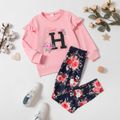 2-piece Kid Girl Floral Letter Print Ruffled Sweatshirt and Leggings Set Pink