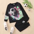 2-piece Kid Boy Football Painting  Print Black Sweatshirt and Elasticized Pants Set Black