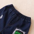 2-piece Kid Boy Letter So Franken Cute Print Long Raglan Sleeve Tee and Patchwork Cartoon Denim Jeans Set White
