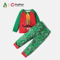 ELF Family Matching Christmas Colorblock Top and Allover Pants Pajamas Sets Green