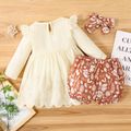 3-piece Baby Girl Ruffled Schiffy Design Scallop Hem Long-sleeve Romper, Floral Print Shorts and Headband Set Apricot