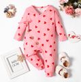Baby Girl All Over Love Heart Print Ribbed V Neck Long-sleeve Button Jumpsuit Pink