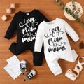 Baby Boy Letter Print Solid Waffle Long-sleeve Jumpsuit Black image 2