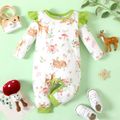 Baby Girl All Over Deer Print Green Ruffle Long-sleeve Jumpsuit Color block
