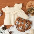 2pcs Baby Girl 100% Cotton Cap Sleeve Pleated Dress and Floral Print Shorts Set Color block