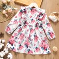 Toddler Girl Ruffled Floral Print/Burgundy Button Design Long-sleeve Dress White