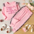 2-piece Toddler Girl Letter Print Ruffled Long-sleeve Top and Side Leopard Print Pants Set Pink