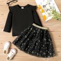 2-piece Toddler Girl Ruffled Long-sleeve Black Ribbed Top and Stars Embroidered Mesh Skirt Set Black