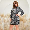 Women Plus Size Sexy Snake Print Hollow out Front Long-sleeve Dress Black