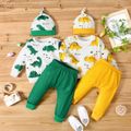 3pcs Baby Boy Cartoon Dinosaur and Letter Print Long-sleeve Pullover and Solid Trousers Set Yellow