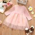 Ribbed Sequined Star and Bow Decor Mesh Layered Long-sleeve Pink or Yellow or Red Baby Dress Pink