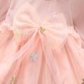 Ribbed Sequined Star and Bow Decor Mesh Layered Long-sleeve Pink or Yellow or Red Baby Dress Pink