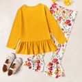 2-piece Kid Girl Letter Print Ruffle Hem Long-sleeve Yellow Top and Floral Print Flared Pants Set Yellow