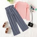 2-piece Kid Girl Ruffled Long-sleeve Ribbed Pink Top and Stripe Belted Paperbag Straight Pants Set Pink