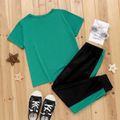 2-piece Kid Boy Letter Basketball Print Tee and Colorblock Elasticized Pants Set PineGreen