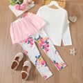 2-piece Kid Girl Ruffled Floral Print Long-sleeve Tee and Mesh Leggings Set Pink