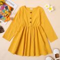 Kid Girl 100% Cotton Button Pocket Design Long-sleeve Solid Color Dress Yellow