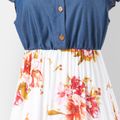 Family Matching Solid V Neck Flutter-sleeve Splicing Floral Print Dresses and Short-sleeve Shirts Sets ColorBlock