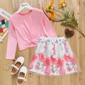 2-piece Kid Girl Twist Front Long-sleeve Pink Tee and Floral Print Mesh Design Skirt Set Pink