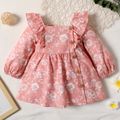 Baby Girl Floral Print Ruffle Square Neck Button Long-sleeve Dress Pink