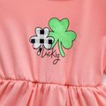 2-piece Kid Girl St. Patrick's Day Lucky Clover Print Ruffled Hem High Low Long-sleeve Pink Top and Plaid Pants Set Pink