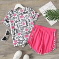 2-piece Kid Girl Letter Heart Print Tie Knot Tee and Elasticized Shorts Set Hot Pink