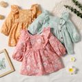 Baby Girl Floral Print Ruffle Square Neck Button Long-sleeve Dress Pink