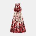 Family Matching All Over Red Mottled Print Halter Neck Sleeveless Dresses and Colorblock Short-sleeve Polo Shirts Sets Burgundy