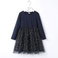 Kid Girl Glitter Polka dots Design Long-sleeve Mesh Splice Dress Deep Blue