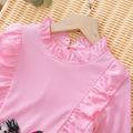 Kid Girl Ruffle Collar Bowknot Design Floral Print Splice Long-sleeve Dress Pink