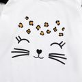 2-piece Kid Girl Cat Print Long-sleeve Ruffle Hem Top and Leopard Print Pants Set White
