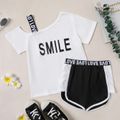2-piece Kid Girl Letter Print One Shoulder Strap Tee and Dolphin Shorts Set White