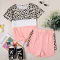 2-piece Kid Girl Leopard Print Colorblock Tie Knot Short-sleeve Tee and Elasticized Shorts Set Pink
