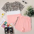 2-piece Kid Girl Leopard Print Colorblock Tie Knot Short-sleeve Tee and Elasticized Shorts Set Pink