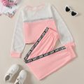 2-piece Kid Girl Letter Print Mesh Design Colorblock Long-sleeve Top and Elasticized Pants Set Pink