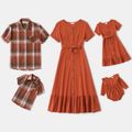 Family Matching Solid Short-sleeve Belted Midi Dresses and Plaid Shirts Sets Brick red