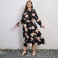 Women Plus Size Vacation Floral Print Round-collar Long-sleeve Dress Black